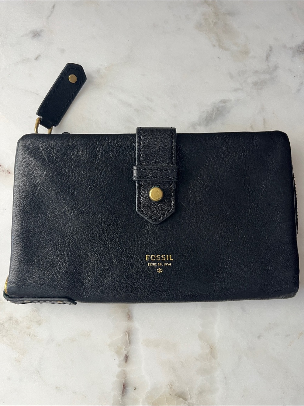 Fossil Black Leather Snap & Zip Wallet with Gold Hardware